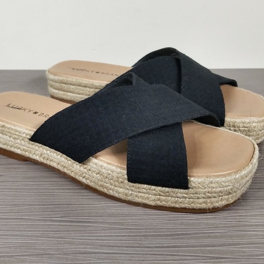 Lucky Brand Gayte Slide Sandal, Black Fabric, Womens Size 7 M / 37.5